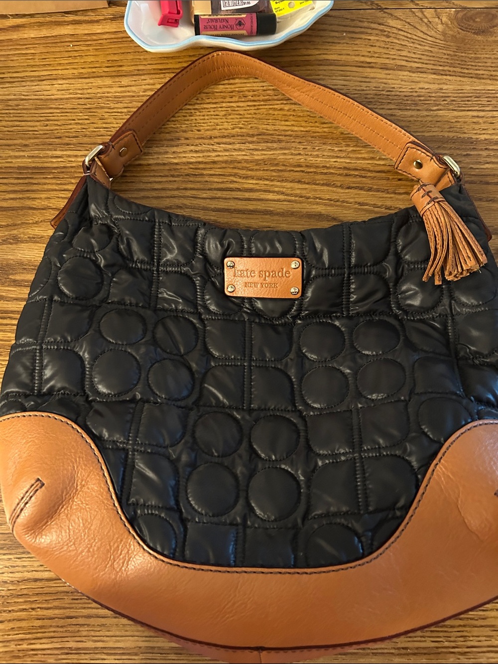 kate spade Black Quilted Hobo with Tan Leather Trim and Tassel
